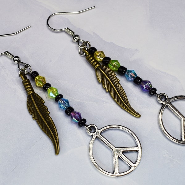 Hippie Peace Sign Drop Earrings | Retro Bohemian Dangle Earrings