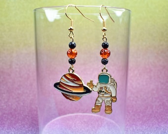 Mismatched Planet Saturn and Astronaut Drop Earrings | Space Theme Jewelry