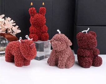 Rose covered animals flower mold 3D Silicone candle making roses candles business supplies flowers floral teddy bear rabbit rhino sheep dog