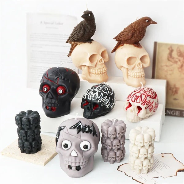 Big human skull with crow raven on its head food-grade silicone mold Halloween candle making molds candles chocolate candy spooky season