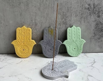 Aesthetic coasters hamsa hand of fatima pattern coaster incense stick holder burner silicone mold concrete jesmonite epoxy cement homeware