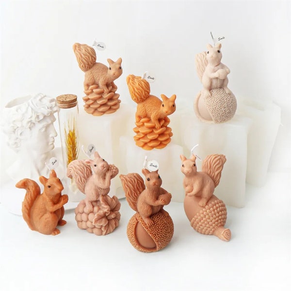 Happy cute large squirrels big squirrel with acorn 3D food-grade silicone mold chocolate candle making molds animal lover fluffy tail hair