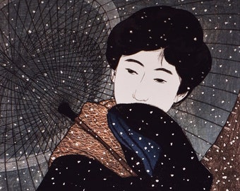 伊藤深水日本画 伊藤深水作「吹雪」日本美術版画、木版画、ジクレー、版画、美術
