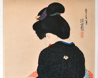 伊藤深水作「吹雪」日本美術版画、木版画、ジクレー、版画、美術
