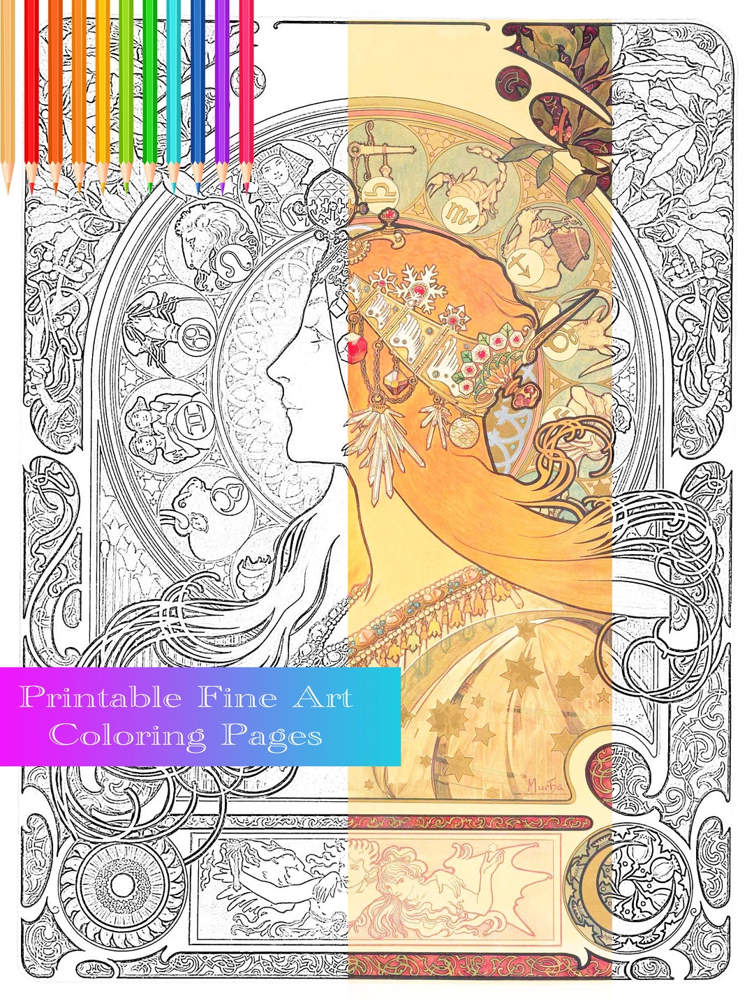 Printable 8.5"x11" Art Nouveau Coloring Page- Zodiac, 1896 by Alphonse ...