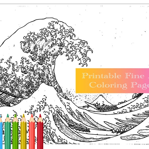 Printable 8.5"x11" Coloring Page- Katsushika Hokusai, The Great Wave off Kanagawa, Mt. Fuji, Beautiful Japanese Edo Woodblock