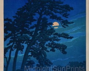 川瀬巴水作「馬籠満月」、木版画、ジクレー、版画、アジア美術、文化