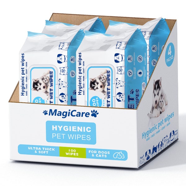 MAGICARE Pet Wipes - 400 pcs Dog Wipes - 8x8" Unscented Dog Paw Cleaner for Body Ears Face – Ultra Thick & Soft with Hypoallergenic Formula