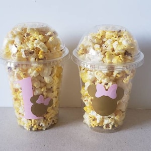 Pink and gold Minnie Mouse popcorn cups with dome lid, party favors