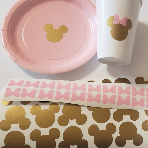 12 Pink and gold Minnie Mouse vinyl stickers, head and bow for cups or party favors