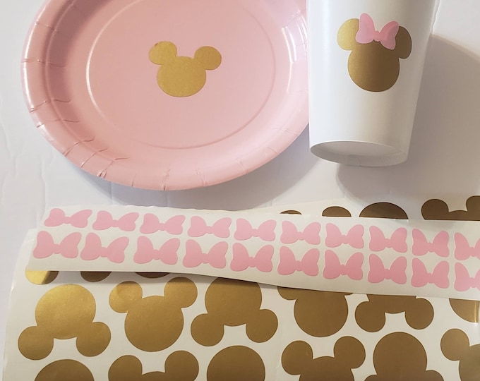 12 Pink and Gold Minnie Mouse Vinyl Stickers, Head and Bow for Cups or ...