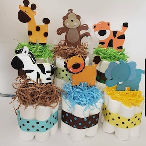 6 jungle Mini diaper cakes,  party decoration, baby shower centerpiece