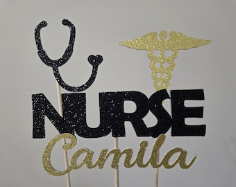 Nurse centerpiece, party decoration, personalized cake topper, black and gold glitter graduation decor