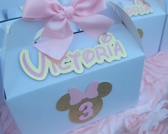 Pink and Gold Minnie Mouse Personalized party favor box, baby shower, Birthday gable box