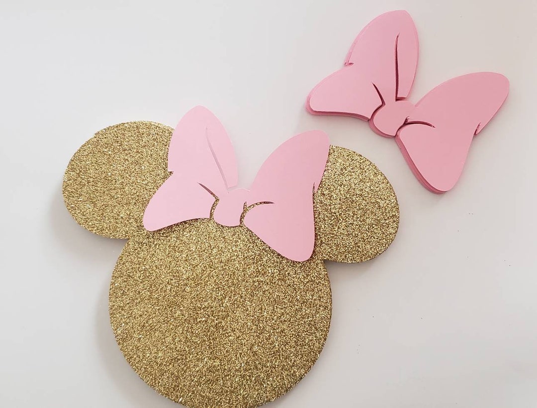 5 Pink and Gold Glitter Minnie Mouse Head Silhouette With Bow, Party