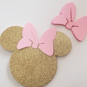 5&quot; Pink and gold glitter Minnie Mouse head silhouette with bow, party decoration, invitations, banner