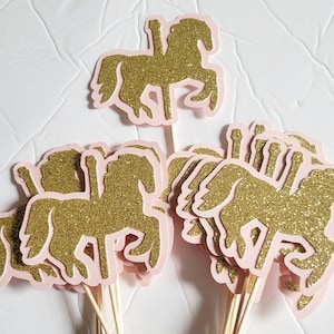 12 Horse, carousel cupcake toppers, baby shower party decoration, pink and glitter gold