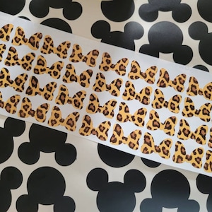 12 black and leopard Minnie, Mickey Mouse vinyl stickers, head and bow for cups or party favors, safari theme