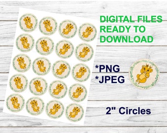 Baby Simba w crown, lion printable 2" cupcake toppers circles digital PNG file instant download images for baby shower decoration, stickers