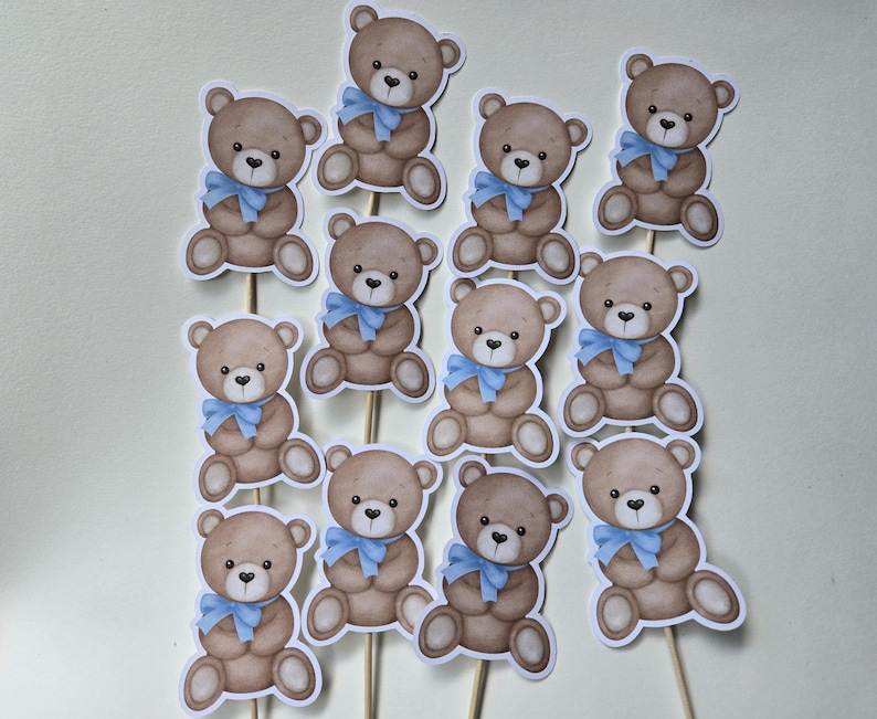 12 Bear With Blue Bow Cupcake Toppers, Baby Shower Party Decoration - Etsy