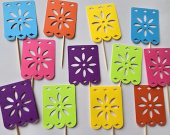 May include: Ten colorful paper cut-out banners with a flower design. The banners are attached to wooden skewers and are perfect for decorating a party or event.