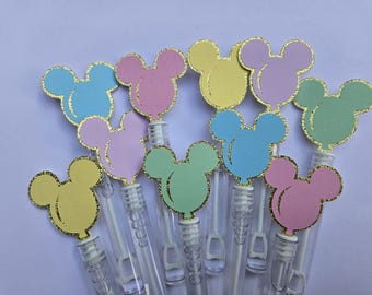 Varitas de burbujas con globos de ratón en tonos pastel y dorados, regalos de fiesta