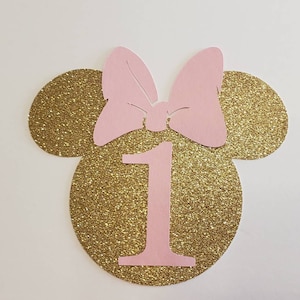 DIY Pink and gold glitter Minnie Mouse head silhouette with number and bow, party decoration, invitations, banner