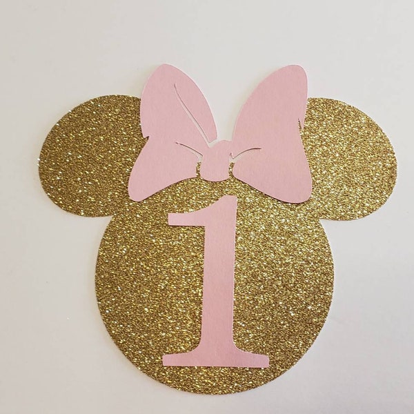 DIY Pink and gold glitter Minnie Mouse head silhouette with number and bow, party decoration, invitations, banner