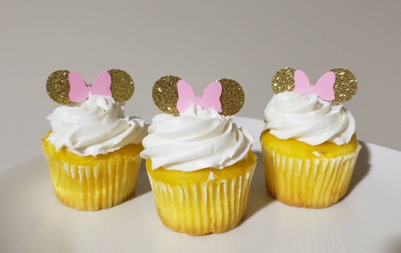 12 Pink and Gold Minnie Mouse Ears Cupcake Toppers, Party