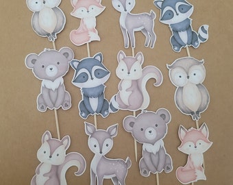 12 Woodland animals cupcake toppers, Forest baby shower party decoration