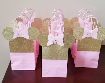 ONE Pink and Gold Minnie Mouse party favor bag, baby shower, Birthday