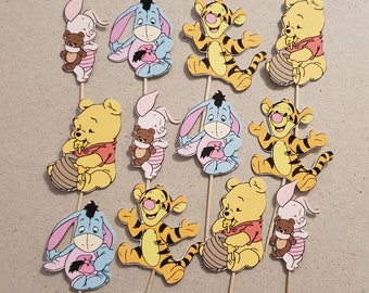 12 Baby Winnie The Pooh cupcake toppers, party decoration