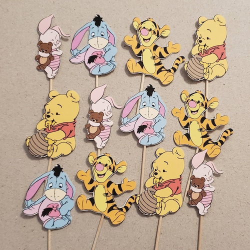 12 Baby Winnie The Pooh cupcake toppers, party decoration