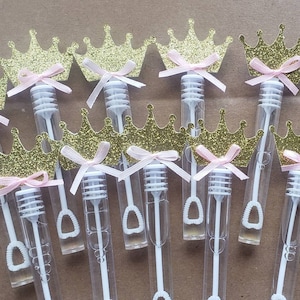 Pink and gold princess crown bubble wands, party favors