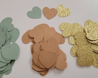 100 Heart 1" sage green, kraft, Glitter gold confetti, Wedding, Baby Shower party decoration