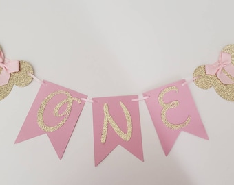 ONE Minnie Mouse first birthday banner, high chair, pink and gold party decoration