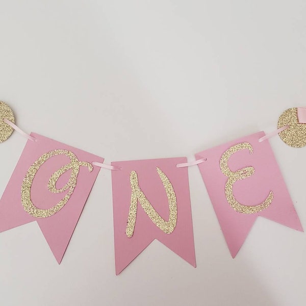 ONE Minnie Mouse first birthday banner, high chair, pink and gold party decoration