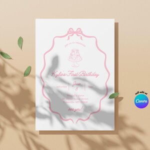 Pink Coquette 1st Birthday Invitation: Hand Drawn Bow Cake (Digital)