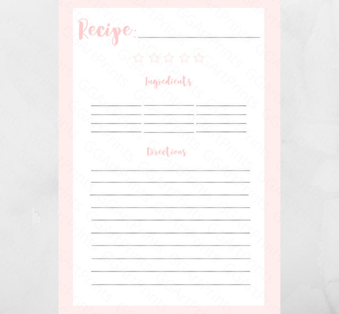 Pink Printable Recipe Card Template Recipe Template for Etsy