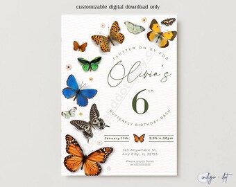 Invitación de cumpleaños de mariposa / Plantilla editable de Canva / Invitación digital para fiesta infantil / Descarga imprimible para fiesta de cumpleaños de niñas