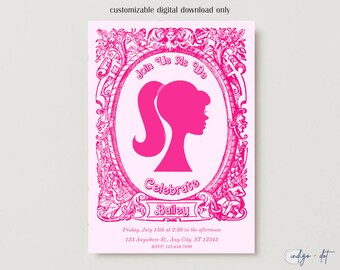 Invitación de cumpleaños de Dolly: invitación moderna para fiesta, plantilla digital personalizable y editable, descarga instantánea.