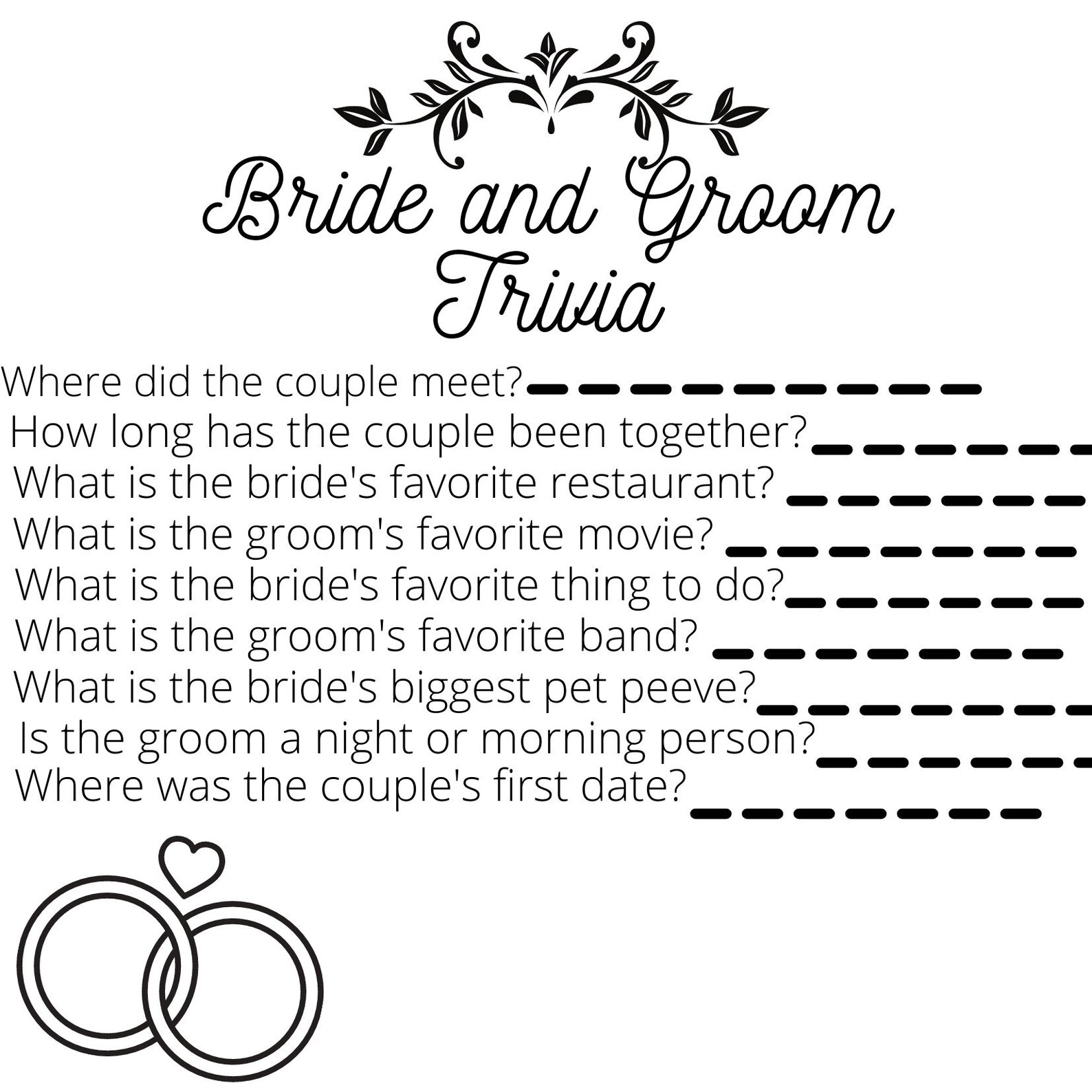Bride and Groom Trivia Printable Game Etsy