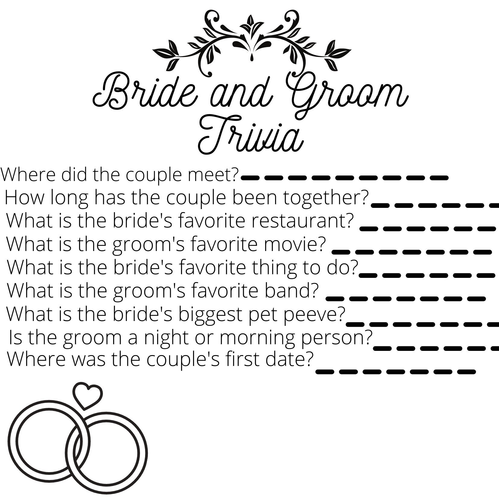 Bride and Groom Trivia Printable Game Etsy