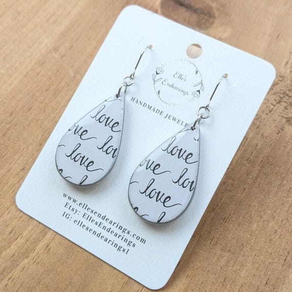 Handmade Medium Black & White Love Teardrop Earrings, Gift, Lightweight Earrings, Valentines, Dangle Earrings