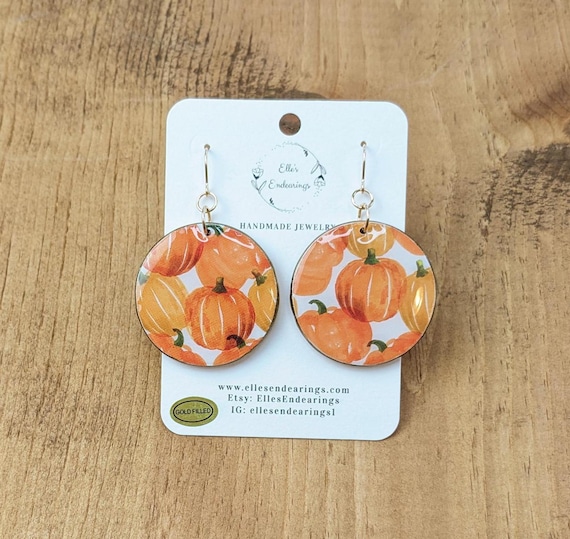 Handmade Large Orange Pumpkin Circle Earrings, Fall, Thanksgiving, Halloween, Lightweight Earrings, Gift, Statement Earrings