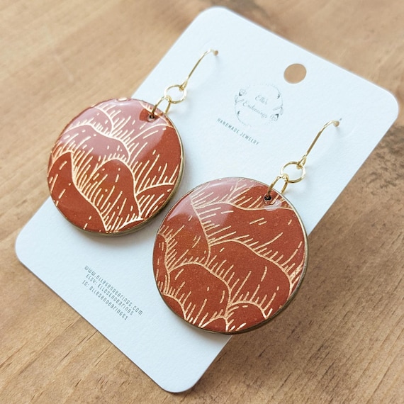 Handmade Large Rust & Metallic Gold Abstract Circle Earrings, Fall, Thanksgiving, Halloween, Lightweight Earrings, Gift, Statement Earrings