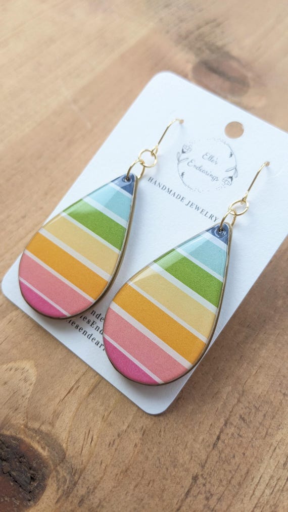 Handmade Large Colorful Striped Teardrop Earrings, Gift, LGBTQ, Rainbow, Lightweight Earrings