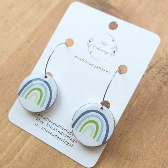 Handmade Blue & Green Rainbow Circle Hoop Earrings, Lightweight Earrings, Gift, Statement Earrings