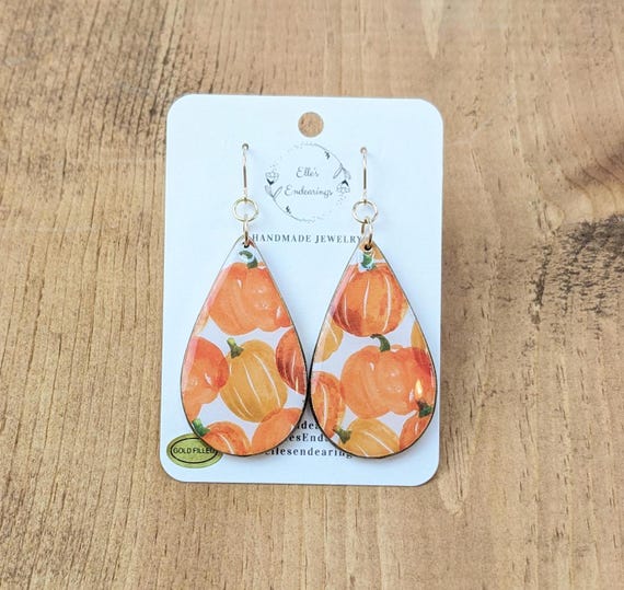 Handmade Large Orange Pumpkin Teardrop Earrings, Fall, Thanksgiving, Halloween, Gift, Lightweight Earrings
