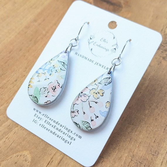 Handmade Medium Pastel Floral Teardrop Earrings, Spring, Gift, Lightweight Earrings, Dangle Earrings